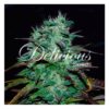 Close-up of a vibrant cannabis plant with visible trichomes and leaves, overlaid by the text "Delicious Seeds."