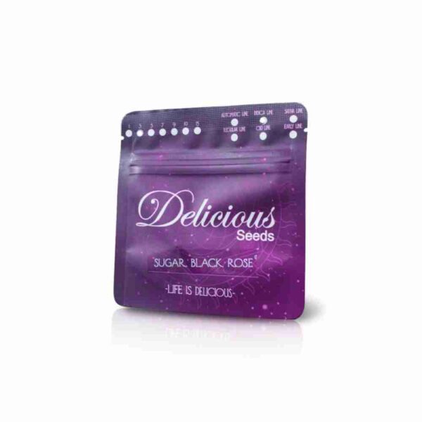A package of "Delicious Seeds" labeled "Sugar Black Rose" with the slogan "Life is Delicious." The packaging is purple with a glossy finish.