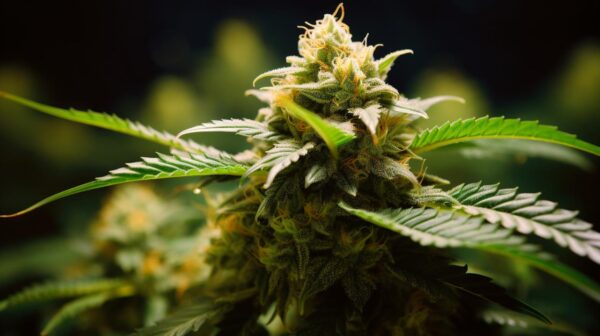 Close-up of a cannabis plant with a detailed view of its buds and serrated leaves.