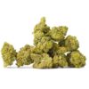 A pile of dried cannabis buds with a textured, leafy appearance, predominantly green in color with hints of yellow.