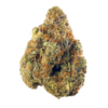 Von Delta 9 Labs Fruit of the Gods.Close-up image of a cannabis bud with detailed trichomes and a rich color variation from green to orange.