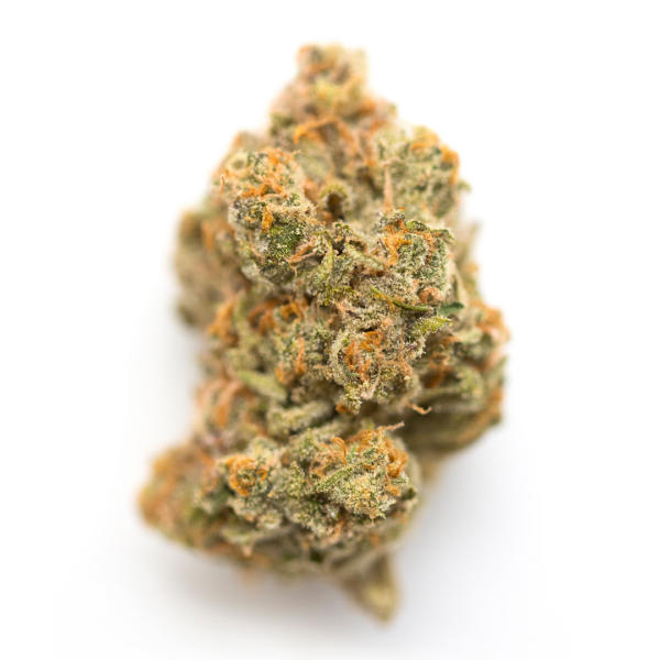 Close-up image of a cannabis bud with detailed textures and orange trichomes visible on its surface.