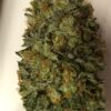 Close-up of a dense cannabis bud covered in trichomes and orange pistils.