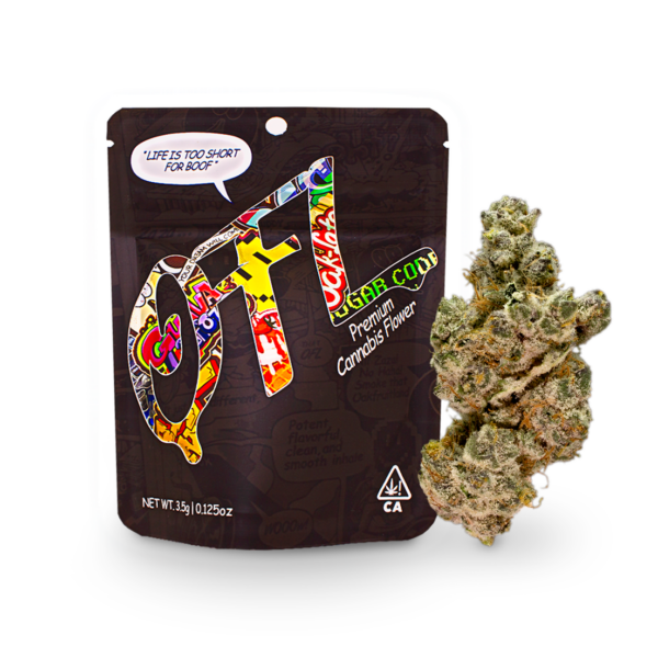 A packaged product labeled "Sugar Coded" with colorful, graffiti-style lettering beside a large cannabis bud.