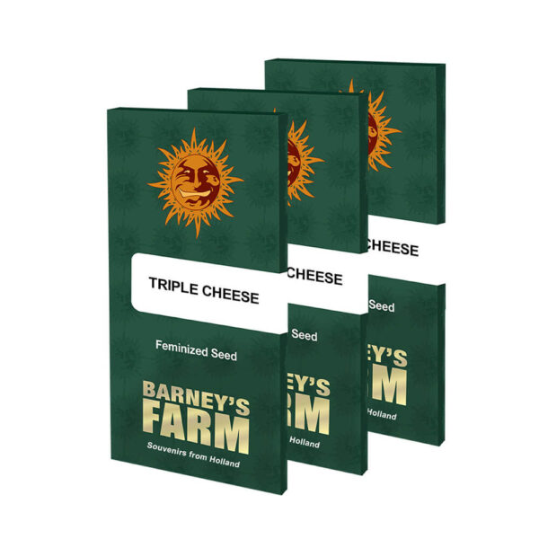 Von Barneys Farm Seeds Triple Cheese Feminized Seeds.Five packages of "Triple Cheese" feminized seeds from Barney's Farm, featuring a stylized sun design on a dark green background.
